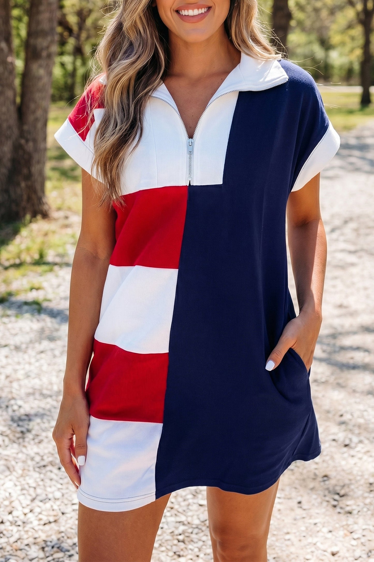 Navy Blue Americana Colorblock Stripes Zip up Collared T Shirt Mini Dress