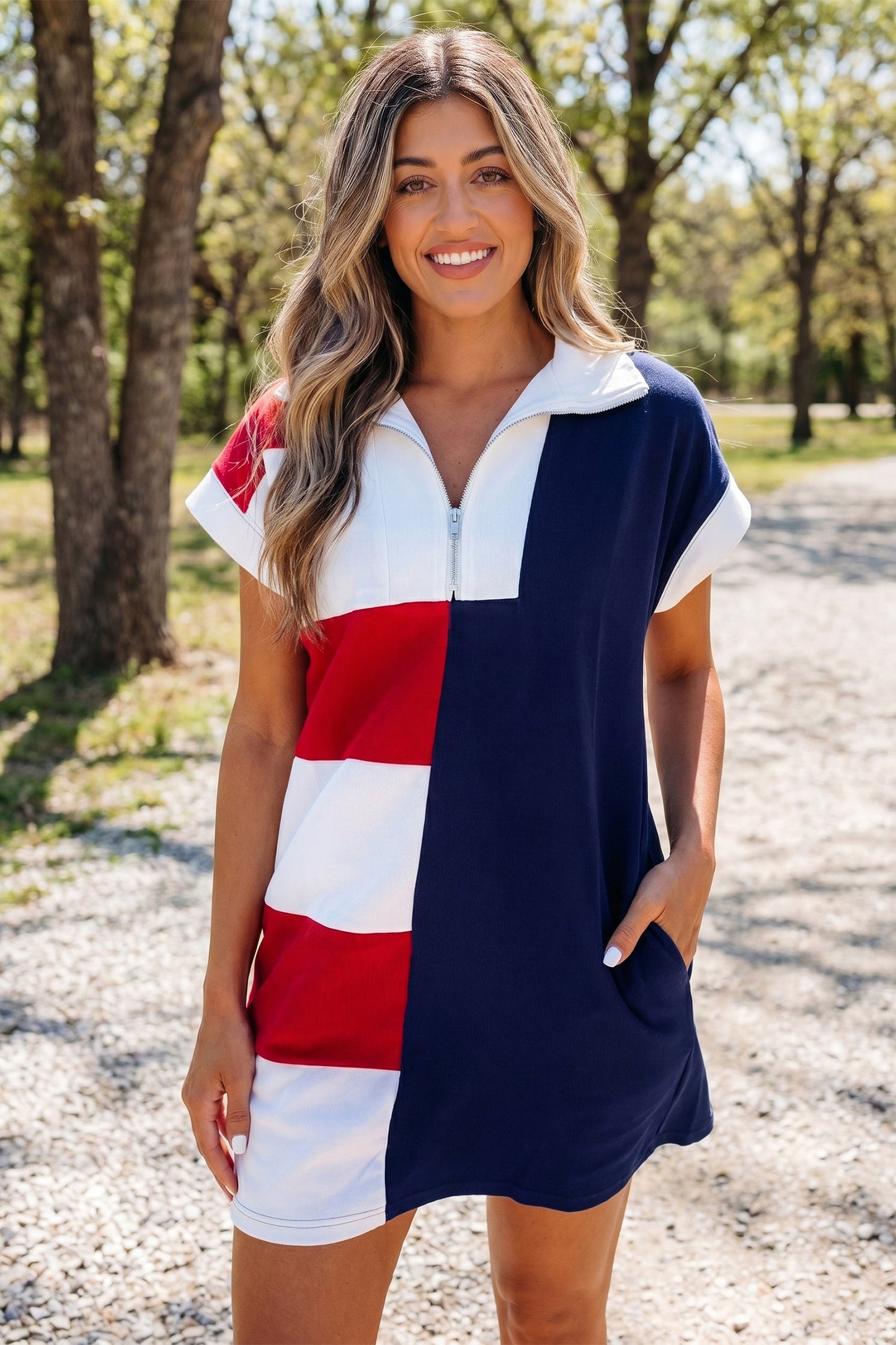 Navy Blue Americana Colorblock Stripes Zip up Collared T Shirt Mini Dress