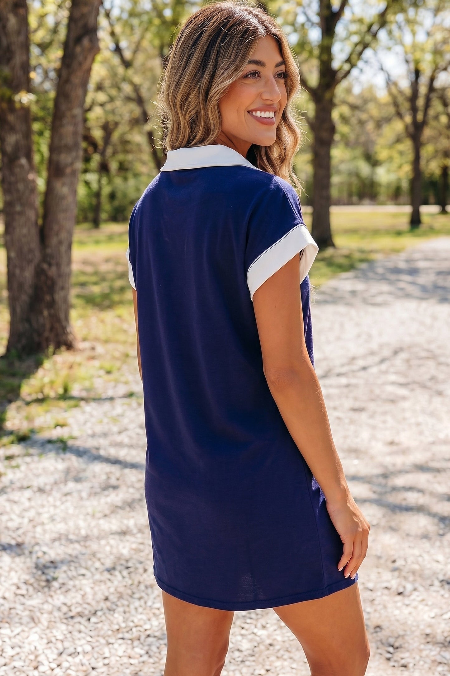 Navy Blue Americana Colorblock Stripes Zip up Collared T Shirt Mini Dress