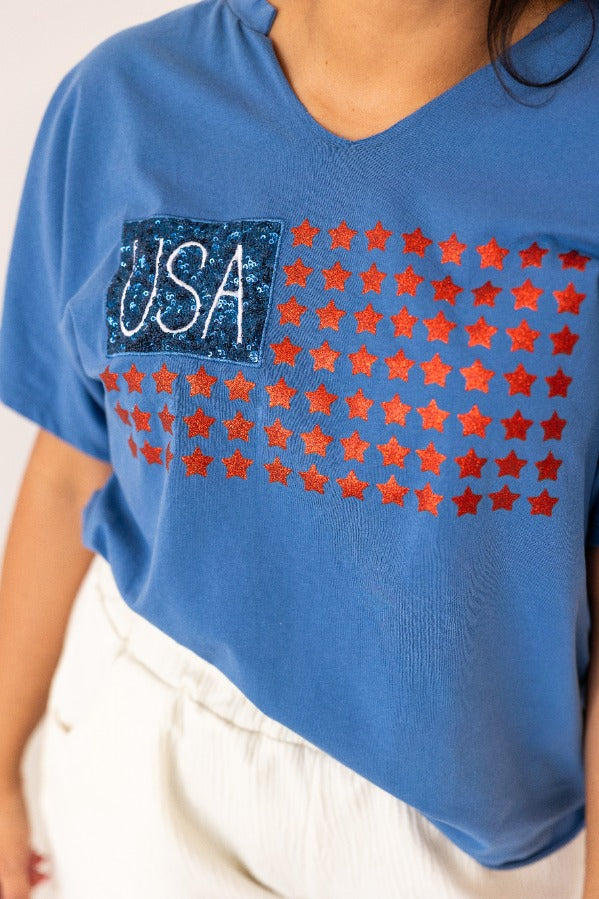 USA Flag Glitter Stars Top