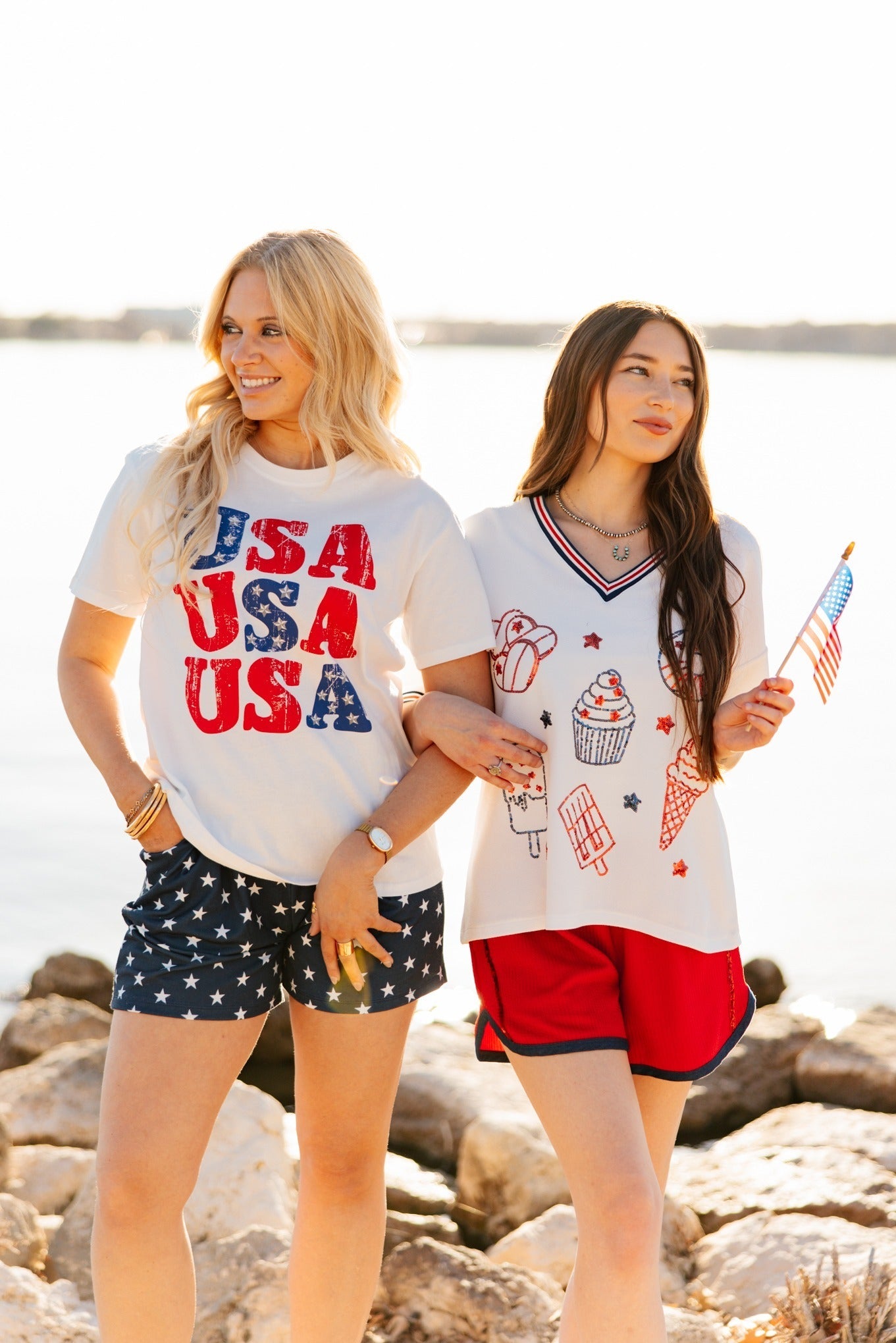 Sequin Americana Elements on V-Neck Top