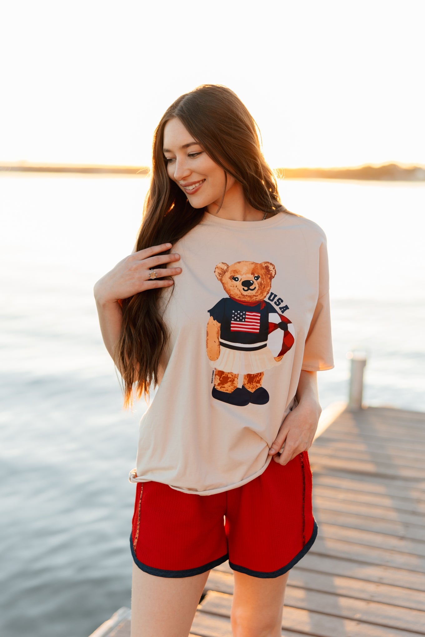 USA Teddy on Beige Boxy Tee