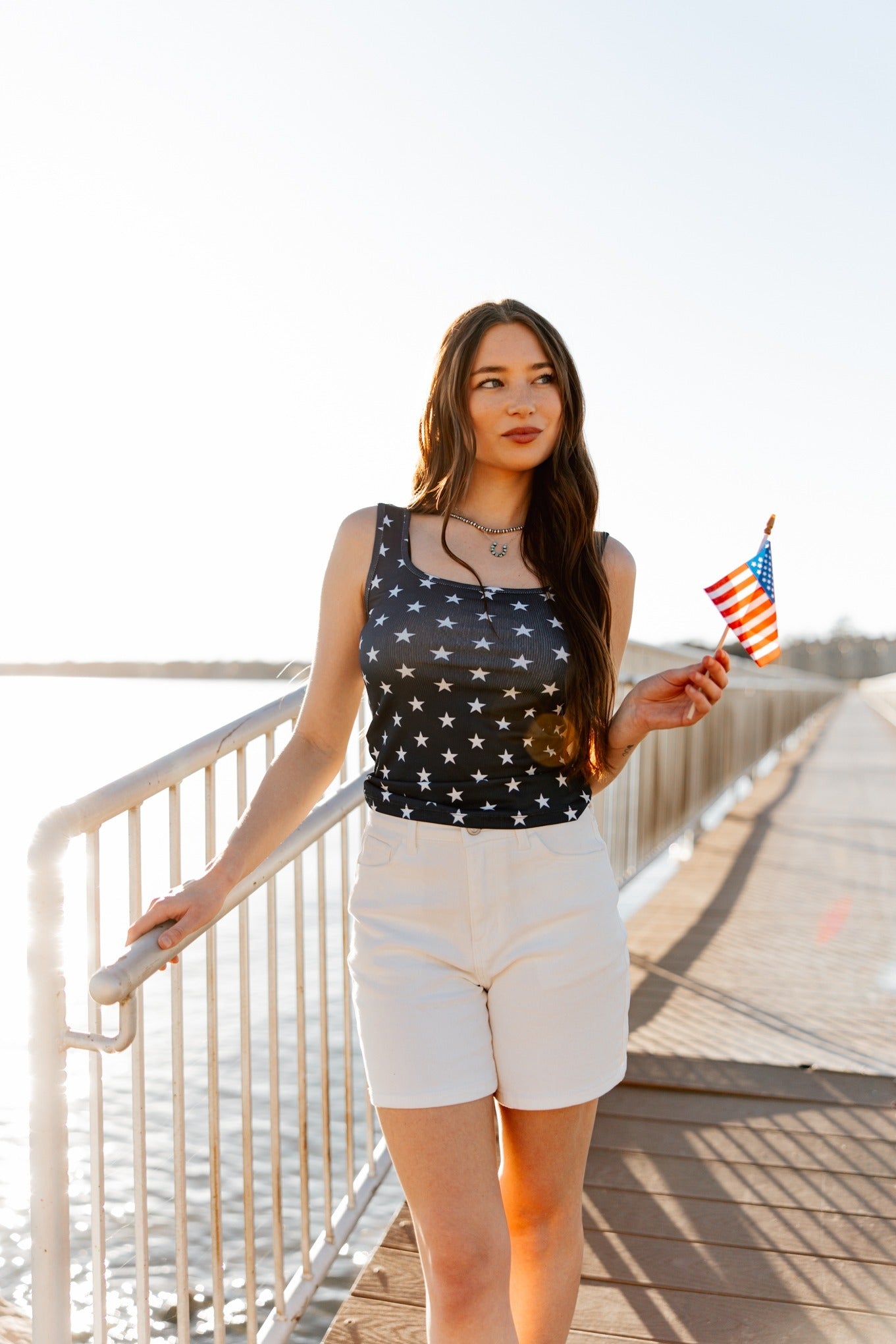 Bella Square Neck Rib Knit Tank Top, Navy Stars