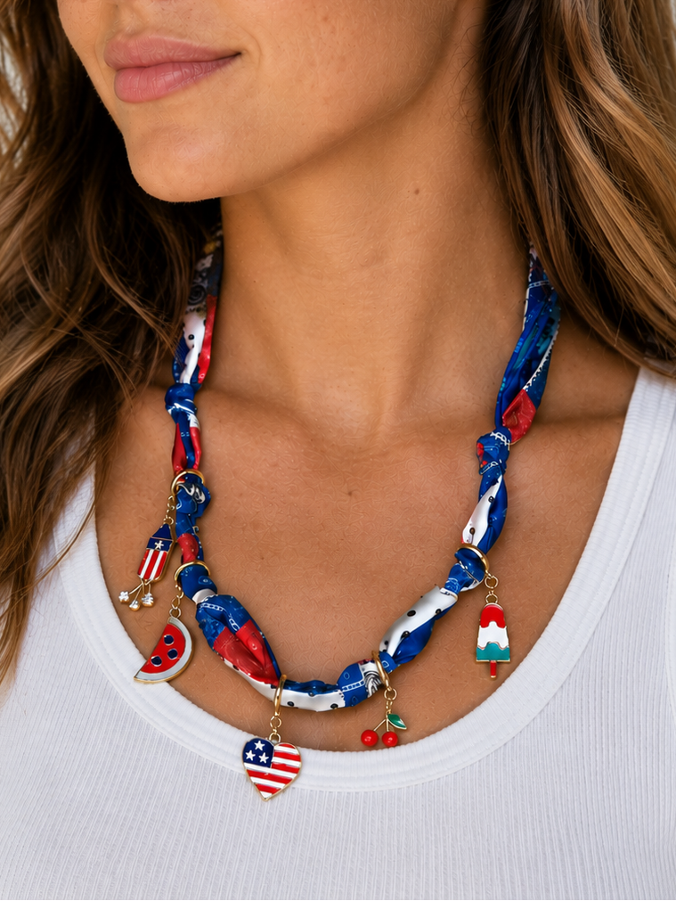 Scarf Necklace with Patriotic Charms